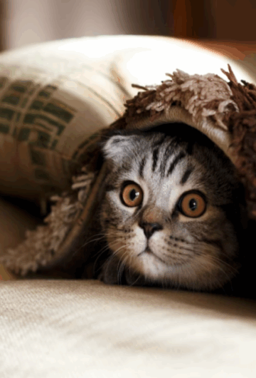 Gray cat peaking out from under covers