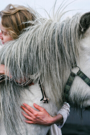 Woman hugging a white horse